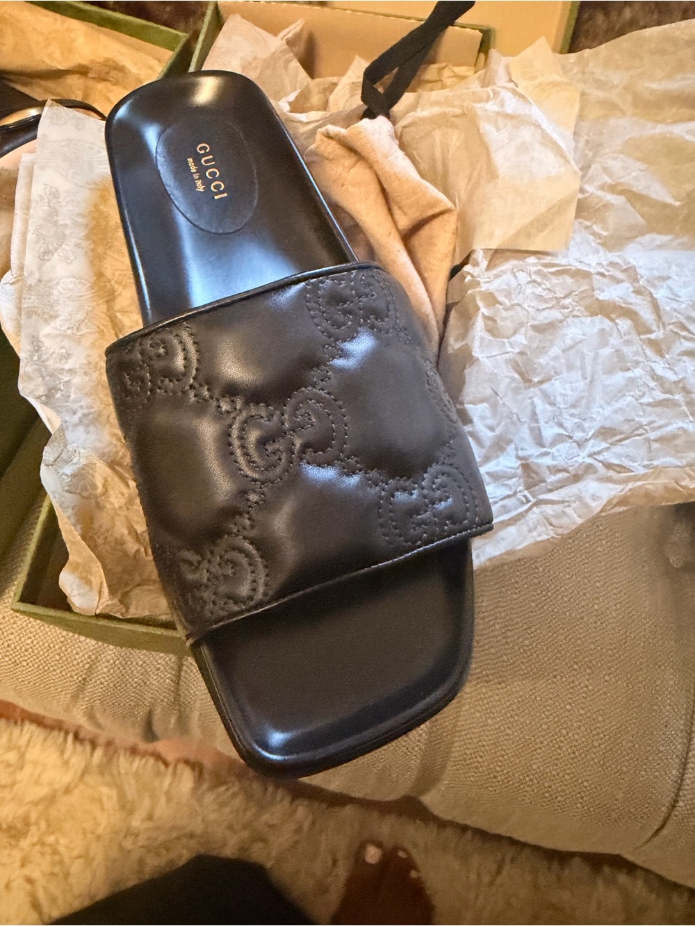 Gucci Black Leather GG-Embroidered Slide